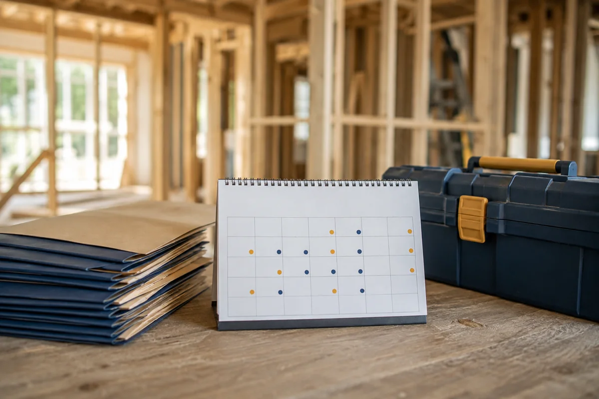 Renovation calendar and payment folders on a tidy site desk