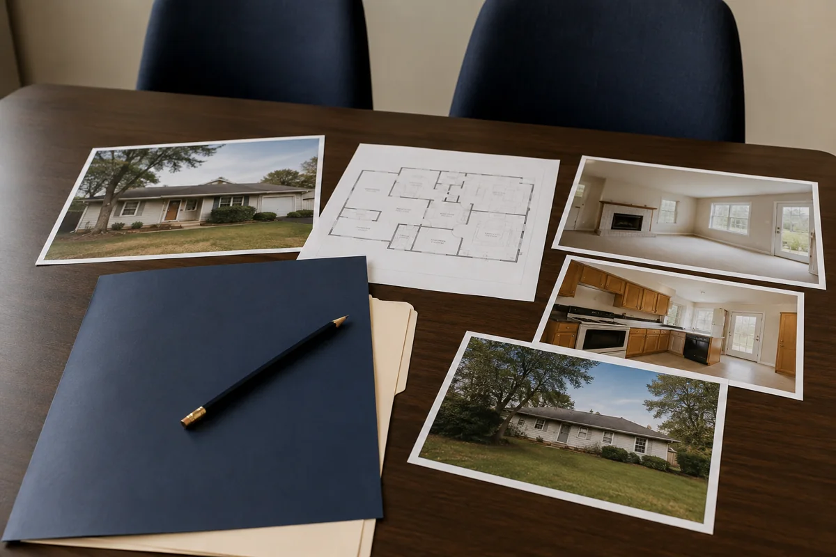 Organized property photographs and a report folder ready for a review meeting